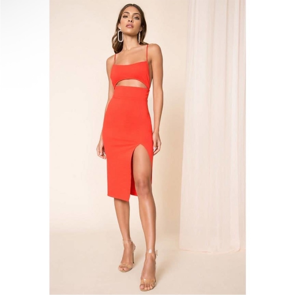 superdown Orange Cutout Midi Dress with Thigh Slit
